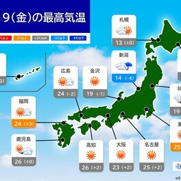 今日19日　関東から九州は広く晴れて夏日急増　引き続き黄砂による影響に注意