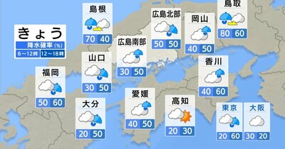 【きょう5/8（水） 広島天気】日中の気温がかなり低い　雲の多い1日　通り雨に注意　朝より夜冷える