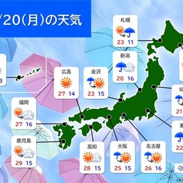 また週明け月曜に雨　朝の通勤時間帯は東海や関東～東北で本降り　空気ヒンヤリ