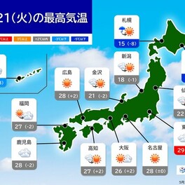 21日　九州～関東は晴れて夏日急増　熱中症注意　沖縄はいよいよ梅雨入り秒読み