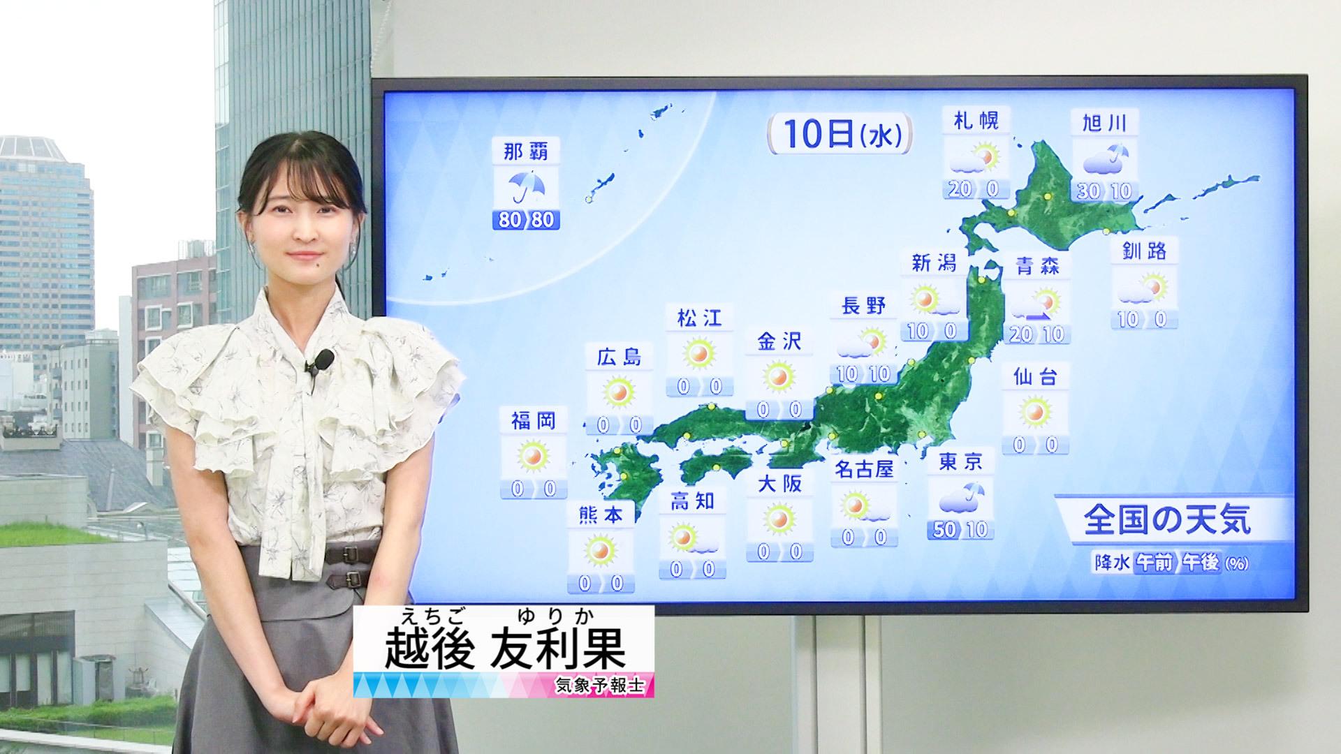【動画】10日の天気 - 前線南下で沖縄大雨・本州晴れ　西日本は久しぶりの真夏日だが関東はひんやり（10日7時更新）