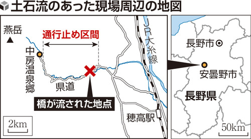 長野・安曇野の土石流で一時４００人孤立、仮設橋で一部下山「橋崩落し恐ろしかった」…燕岳へ唯一の道路