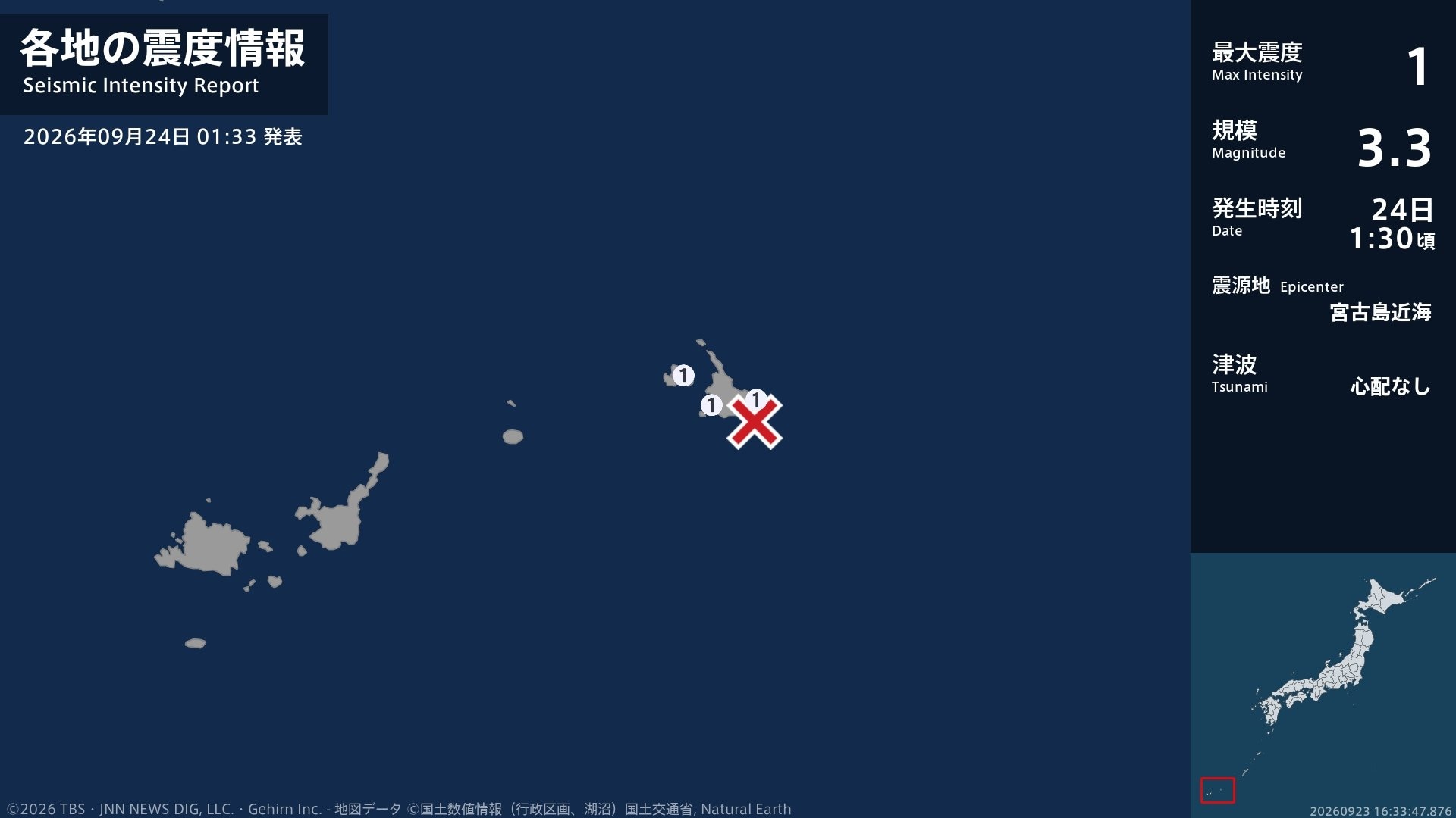 沖縄県で最大震度1の地震　沖縄県・宮古島市