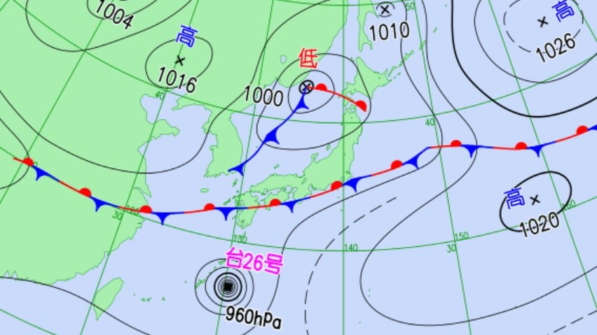 【台風情報】台風26号の今後の進路予想　沖縄に接近後、本州の南を東進する予想　関東では10月2日頃にかけて雨の降る日が多くなる見込み　本州付近には秋雨前線が停滞するため、前線の活動が活発になるおそれ