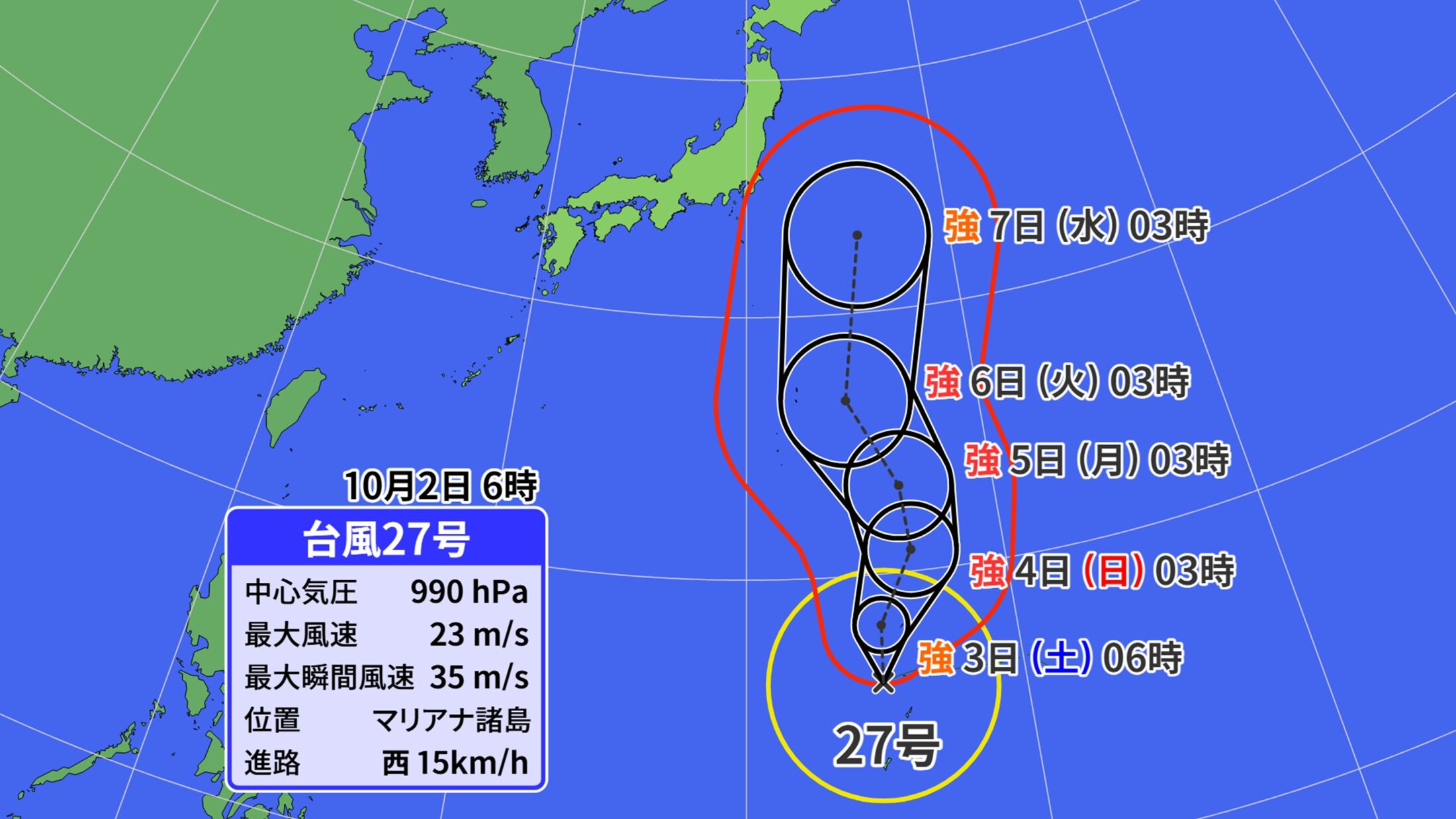 【台風情報】台風27号　今後「非常に強い勢力」に発達へ　最大瞬間風速70m/s予想　来週にかけ日本の東を北上か【雨と風のシミュレーション】