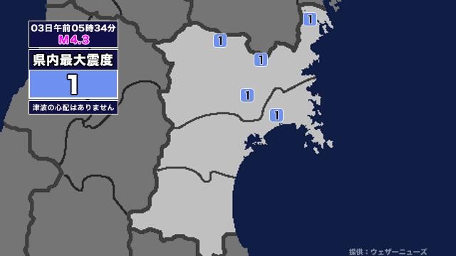 【地震】宮城県内で震度1 三陸沖を震源とする最大震度2の地震が発生 津波の心配なし