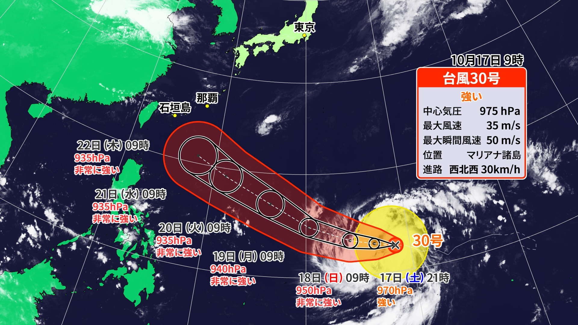 【台風30号】非常に強い勢力で22日(木)ごろ沖縄の南へ　本州付近は秋雨前線が刺激されて雨足強まるおそれも