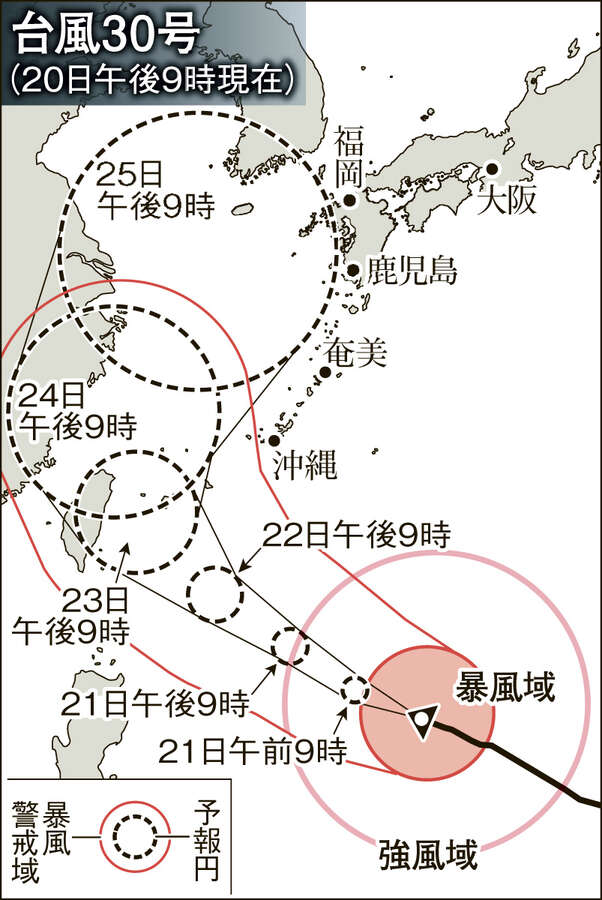 奄美、22日から大しけか　猛烈な台風30号　進路変わる可能性