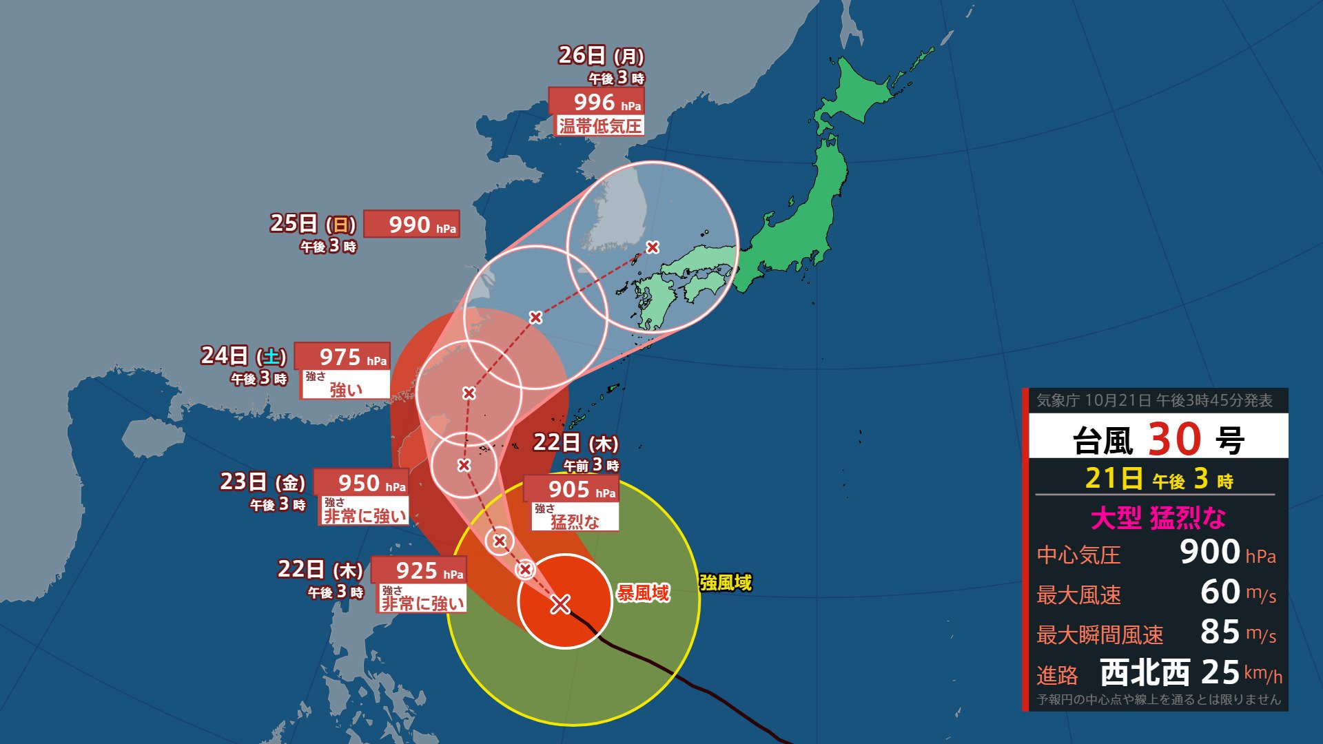 【台風情報】大型で猛烈な台風30号　中心気圧900hPa　最大瞬間風速85メートルに　23日には与那国島の南へ　九州に影響のおそれも【今後の風雨のシミュレーション】