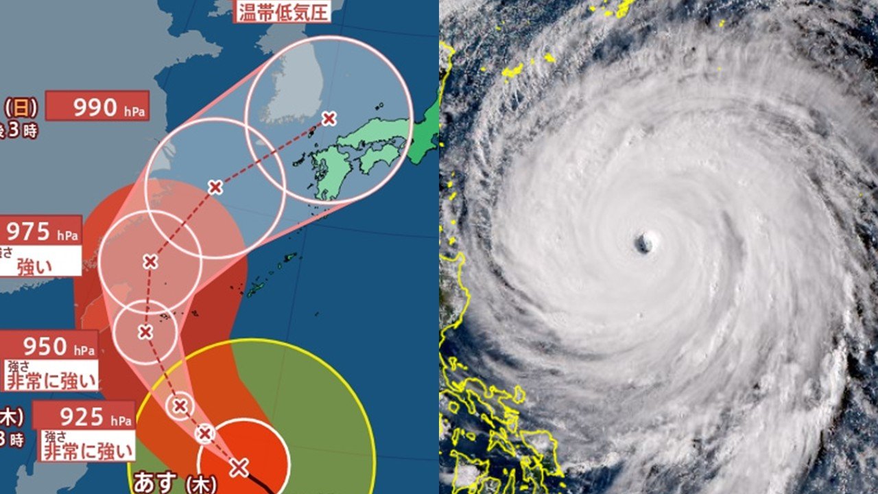 【台風情報】発達のピーク迎える大型の台風30号（チャンパー）　台風の目くっきり　今も最大瞬間風速85m/s・中心気圧900hPa「猛烈な勢力」で北上中　急カーブで対馬近海へ　気象庁の進路予想・雨風シミュレーション