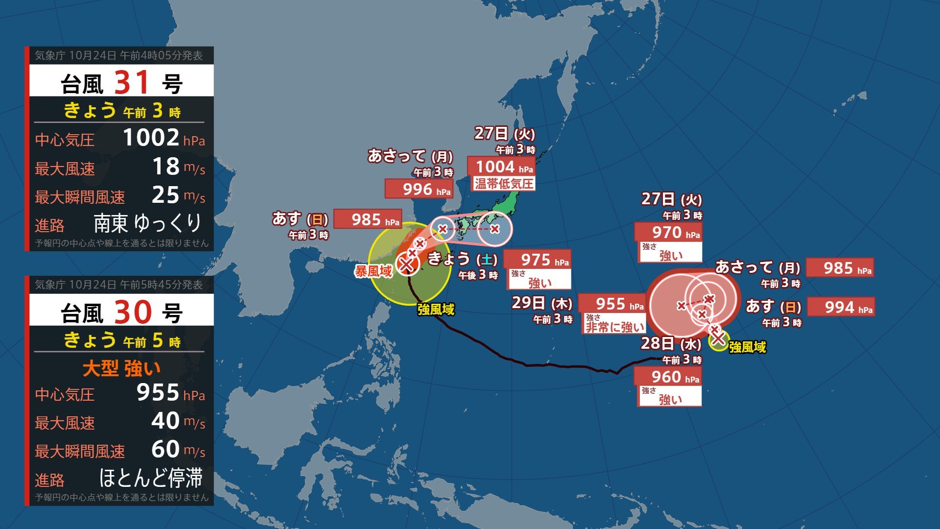 【台風情報】台風31号（インファ）が発生　台風30号（チャンパー）は与那国島の西北西で停滞　25日には進路を東寄りへ