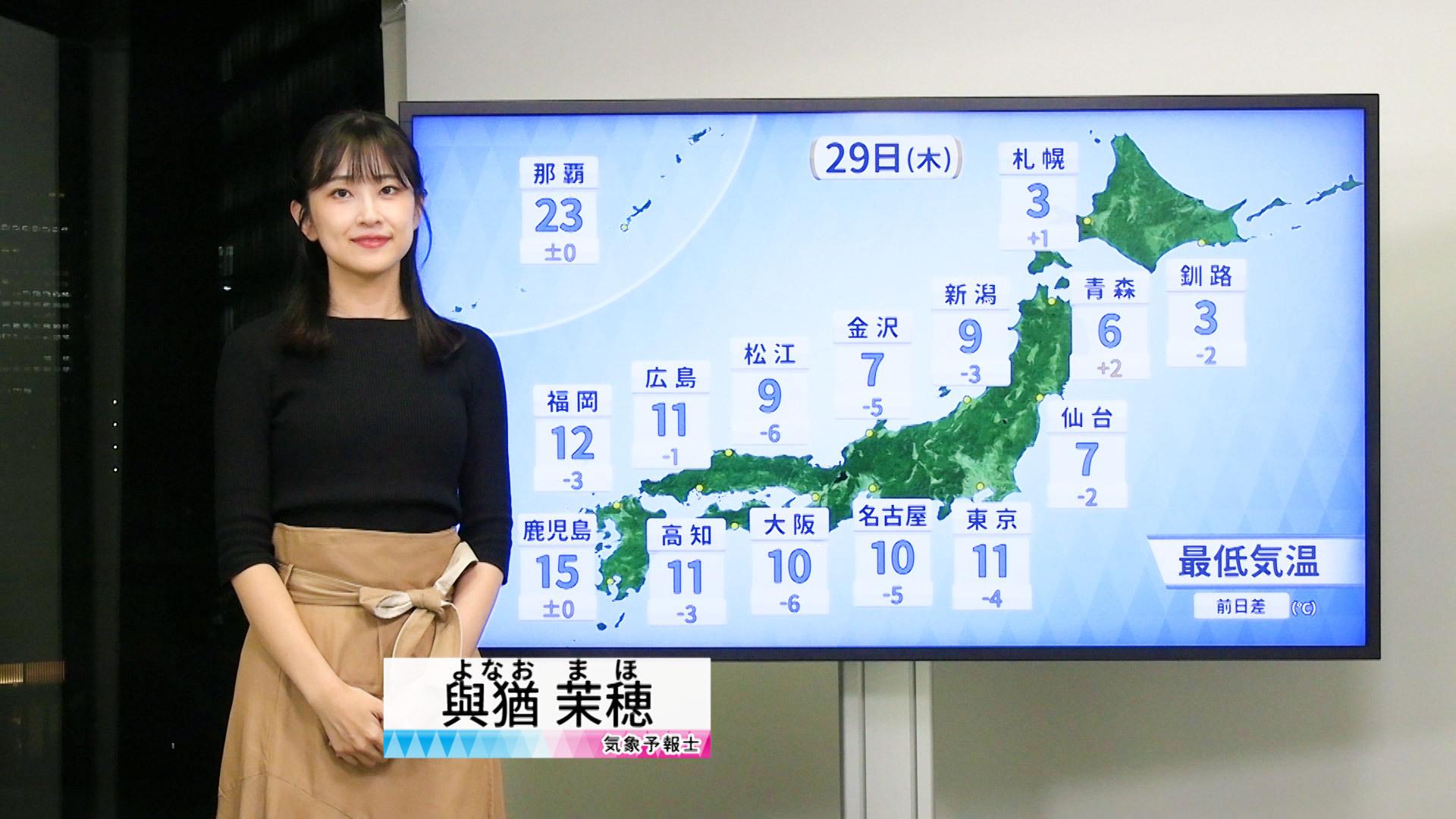 【動画】29日の天気 - 広範囲で今シーズン一番の冷え込み　夜は雨雲広がる地域も（28日18時更新）