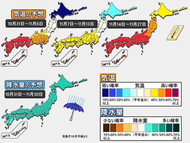 【1か月予報】晩秋は北冷西暖の傾向
