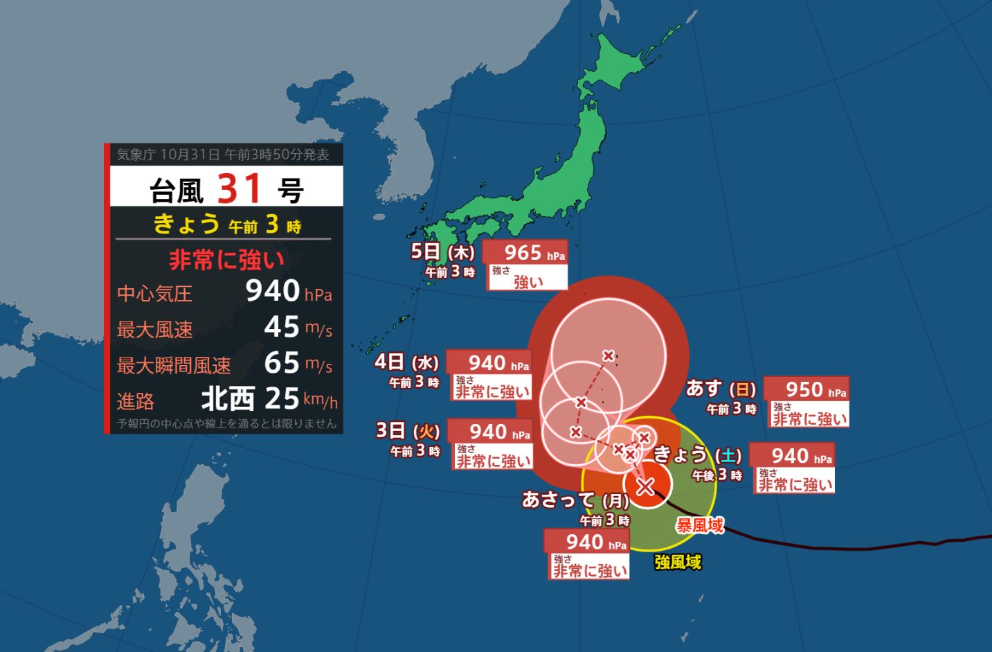 【台風情報】非常に強い台風31号（インファ）小笠原近海から北西へ（31日午前3時現在）