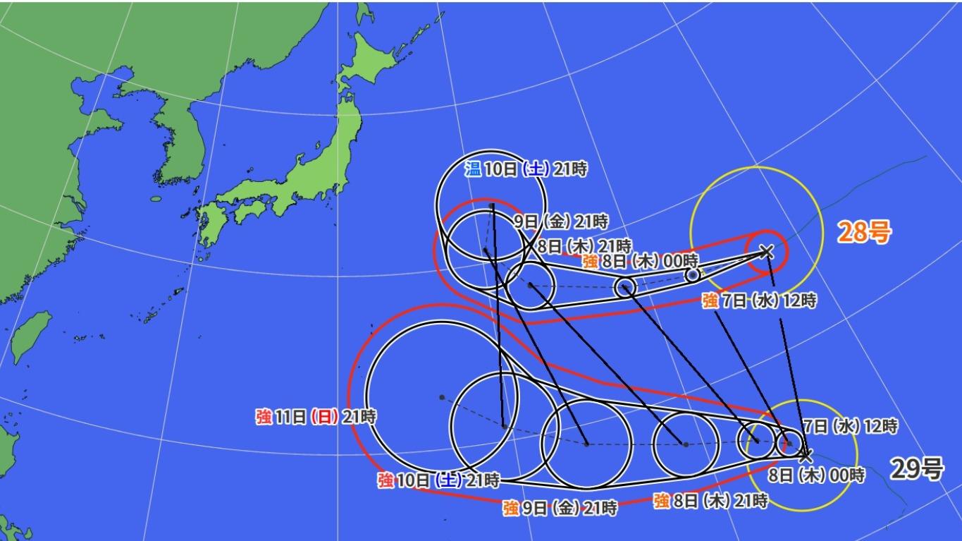 台風27号が日本の東を北上　台風28号と台風29号が小笠原近海で藤原の効果による複雑な動きの可能性