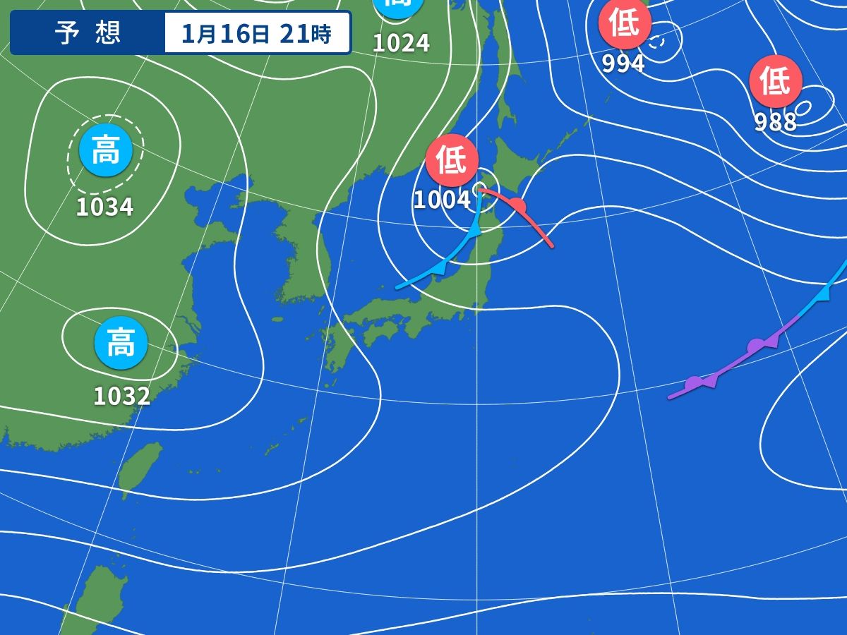 予想天気図（1月16日21時）